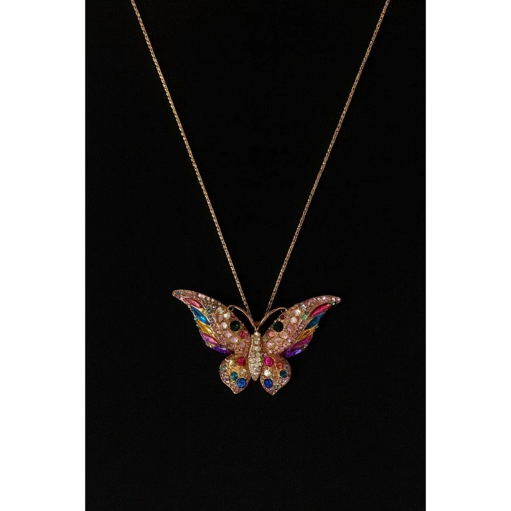 Betsey Johnson Butterfly Pendant Rhinestone Colorful Gold‎ Tone Necklace - Picture 2 of 6